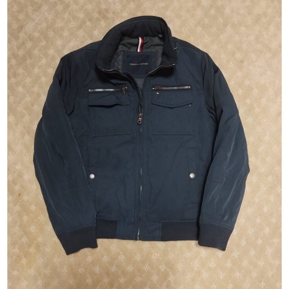 Tommy Hilfiger Jacket Men's S Navy Blue Bomber Full Zip Utility Coat Ribbed Trim